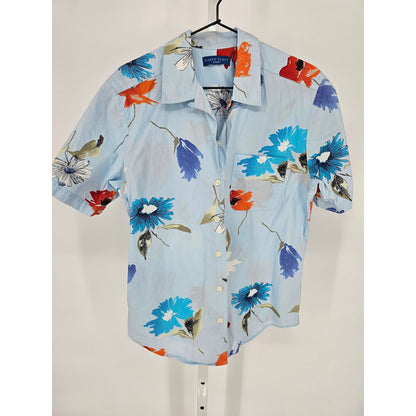 Karen Scott Sport Womens Sz M Short Sleeve Button Up Hawaiian Print Shirt Blue