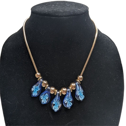 Vintage Glass Teardrop Style Beaded Necklace Floral Silver Tone