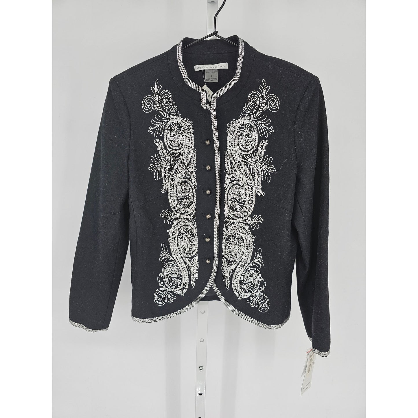 Peter Nygard Womens Sz 6P Petite Black and White Embroidered Blazer Jacket NEW