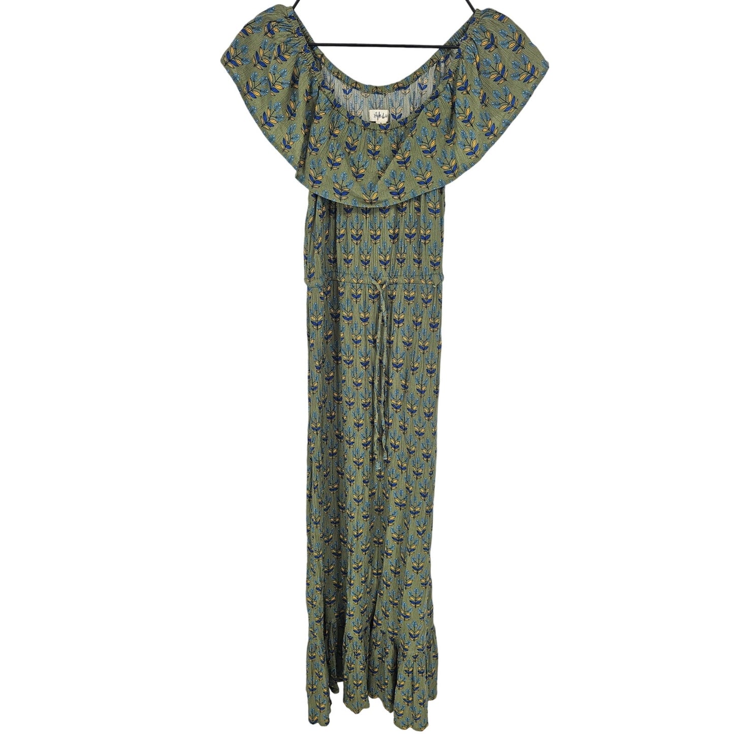 Style & co Womens Sz S Maxi Length Off Shoulder Boho Dress Dark Green Floral