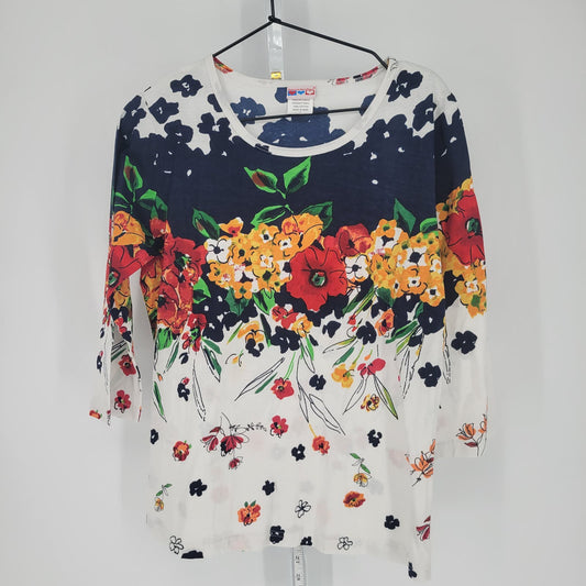 American Sweetheart Womens Sz S 3/4 Sleeve T Shirt White Bright Floral Print