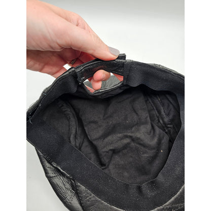 Vintage 1970s Black Leather Adjustable Cabbie Hat Newsboy Quilted