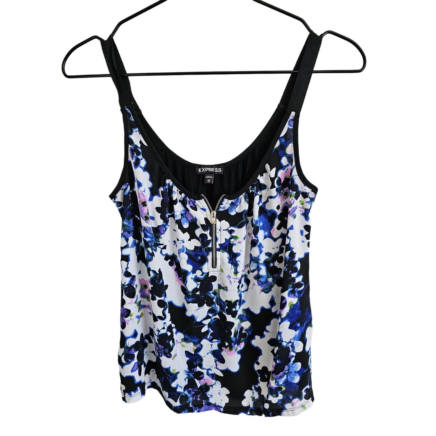 Express Womens Sz XS Sleeveless Blouse Blue Black Floral Zipper Front