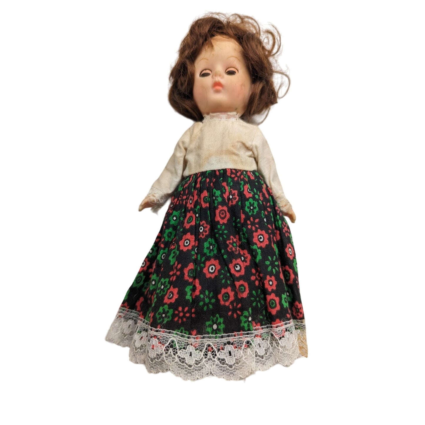 Vintage 1972 Ginny Vogue Doll Open Close Eyes Red Black Lace Outfit Brunette