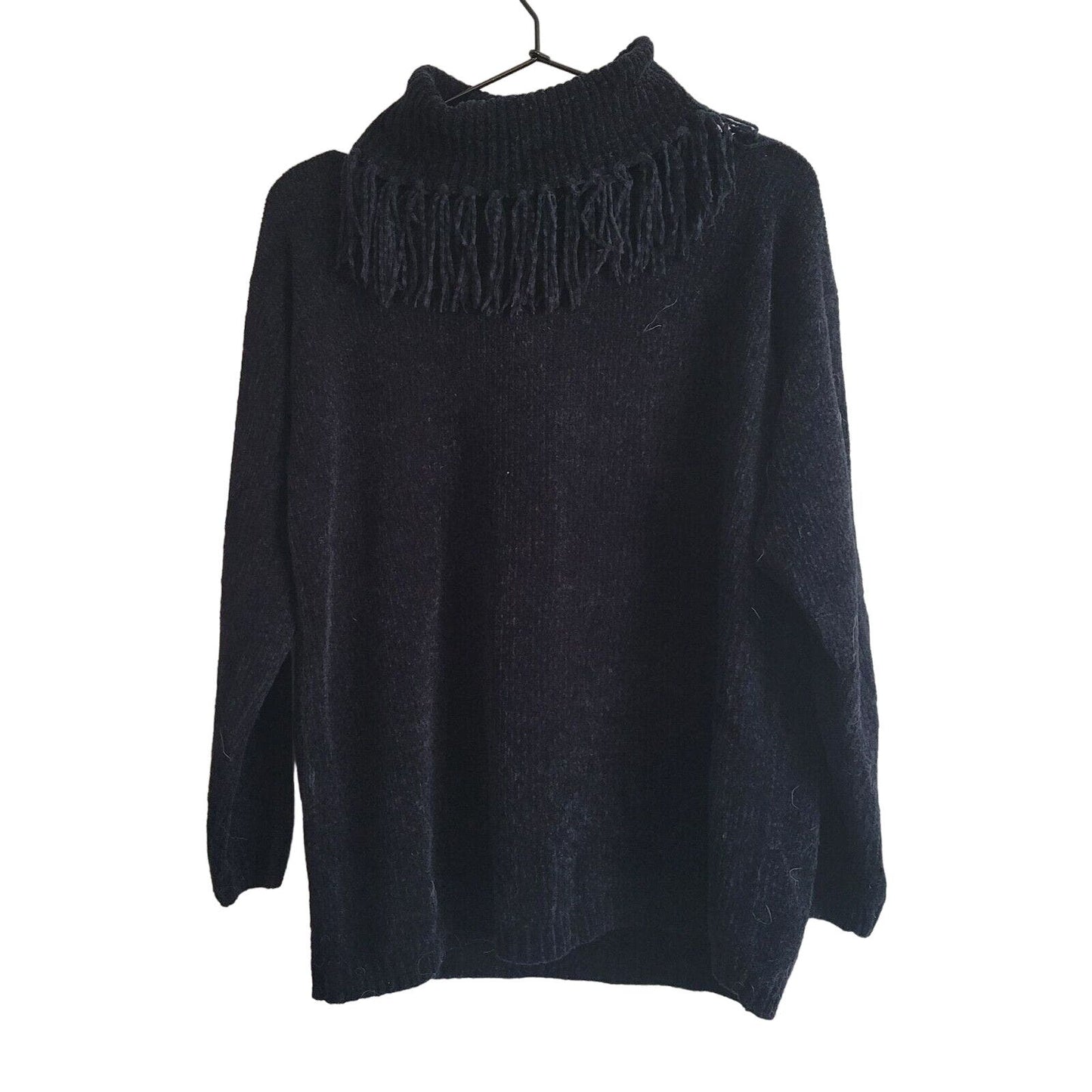 Yarnwork Petite PM Womens Cowl Neck Sweater Fringe Black Neckline