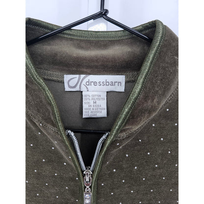 Dressbarn Womens Sz M Full Zip Velour Track Jacket Olive Green Glitter Dots