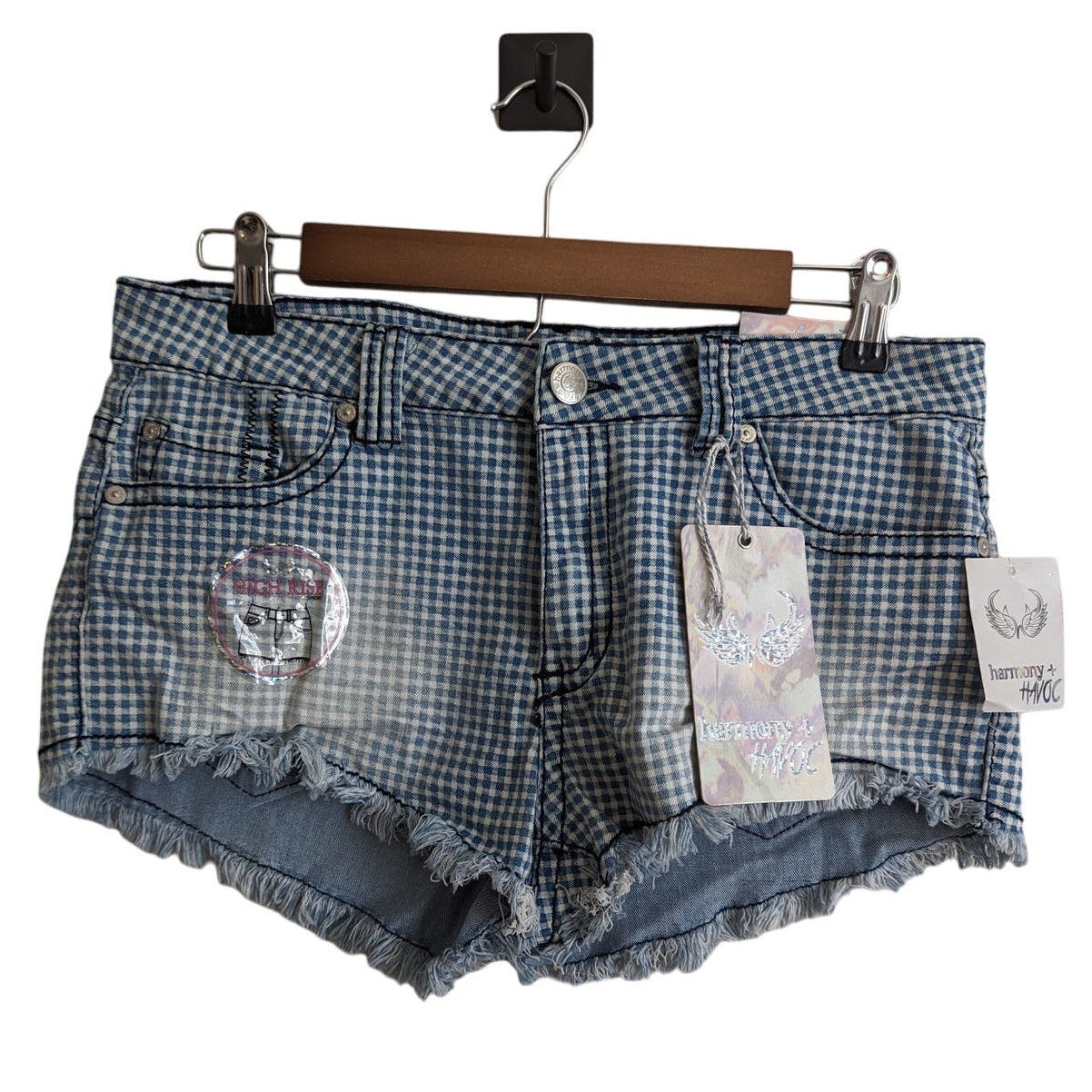 Harmony & Havoc Juniors Sz 11 Denim Cutoff Blue Jean Shorts Buffalo Plaid NEW