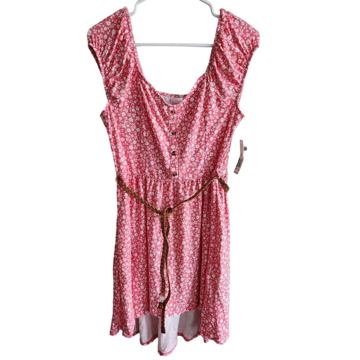 Vintage No Boundaries Juniors Sz L High Low Sundress Pink Floral Belted NEW