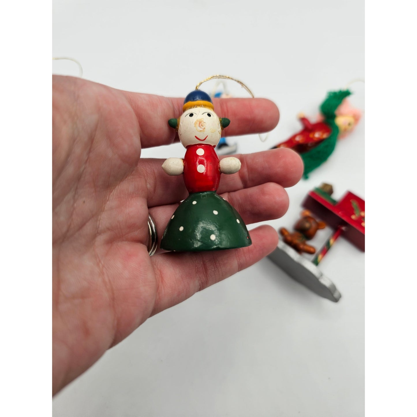 Lot of 5 Vintage Hand Painted Wooden Christas Ornaments Mail Box Sleigh Etc