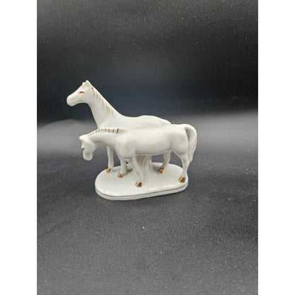 Vtg 1960s Japan 2 Horses Figure White w/ Gold Accents Porcelain