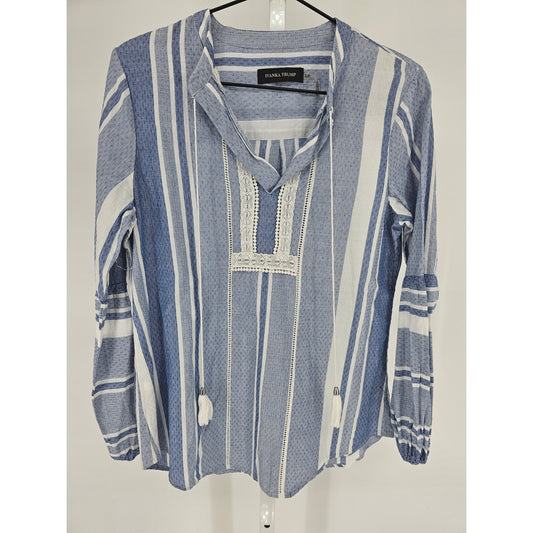 Ivanka Trump Womens Sz S Long Sleeve Blouse Blue White Striped Tassel