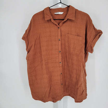 Sonoma Womens Sz L Short Sleeve Button Up Shirt Dark Orange