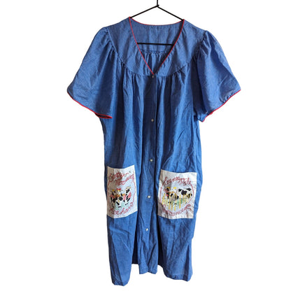 Vintage 1970s Womens Sz S Chambray Pearl Snap Nightgown Cow Pockets Country