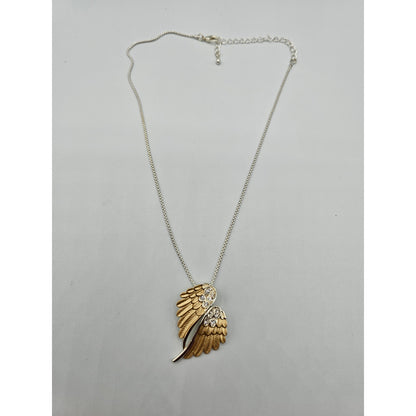 Vintage Y2K Pendant Necklace Silver Tone Gold Bird Wings Rhinestone Detail