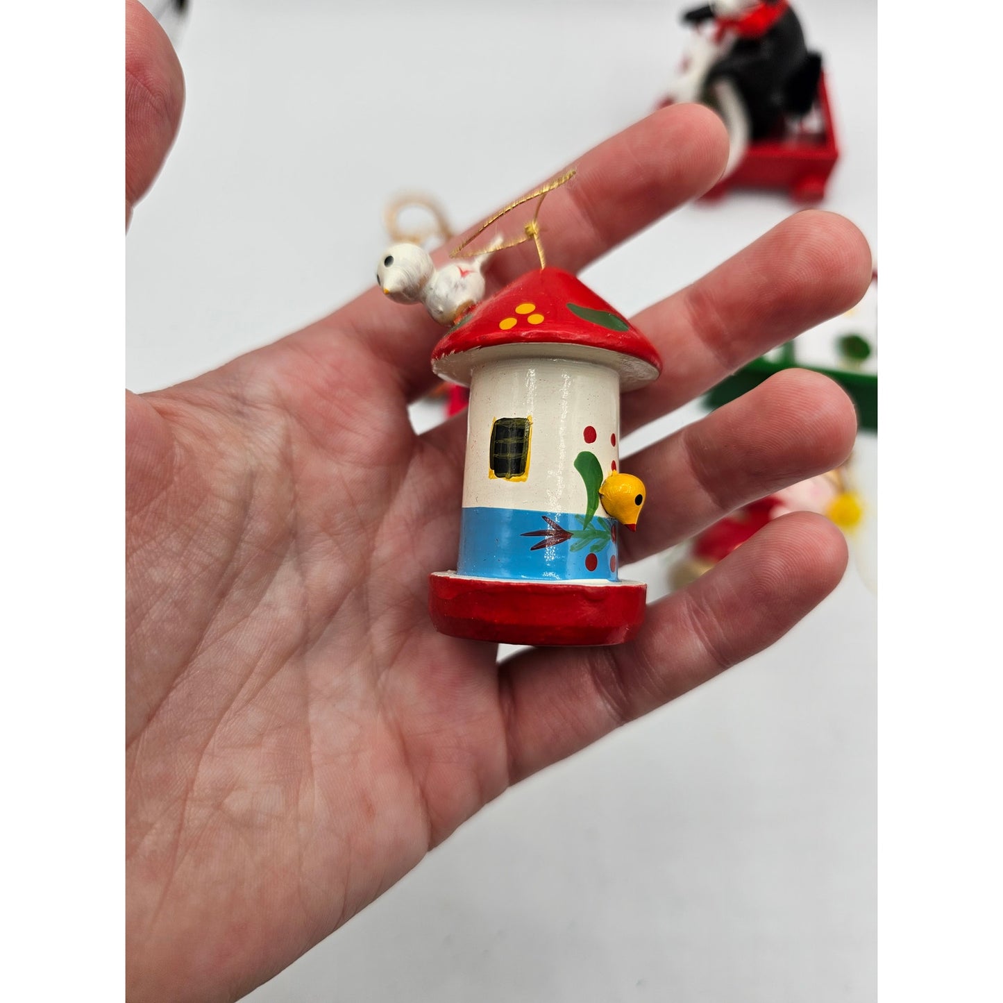 Lot of 5 Vintage Hand Painted Wooden Christas Ornaments Cat Birdhouse Santa