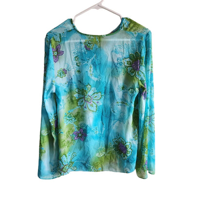 Vintage Y2K Womens Sz S Lightweight Long Sleeve Teal and Green Floral Blouse