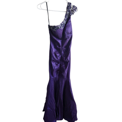 Xscape By Joanna Chen Purple Shinny Satin One Shoulder Evening Dress size 6