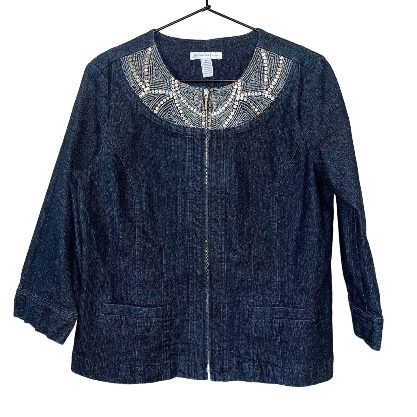 JM Collection Womens Sz 8P Zip Up Denim Blue Jean Jacket Sequin Front