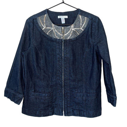 JM Collection Womens Sz 8P Zip Up Denim Blue Jean Jacket Sequin Front