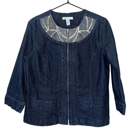 JM Collection Womens Sz 8P Zip Up Denim Blue Jean Jacket Sequin Front