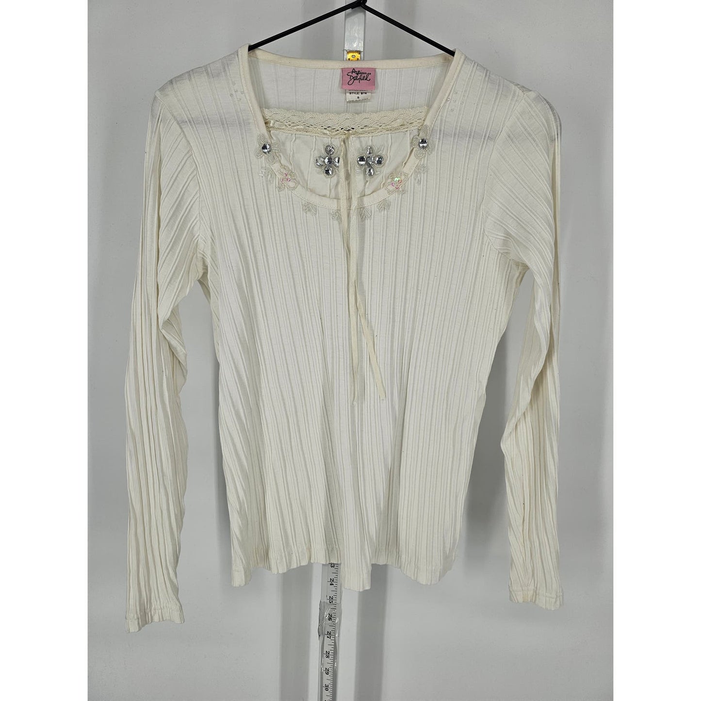 Adrian Delafield Womens Sz S Long Sleeve Ribbed Blouse White Rhinestone