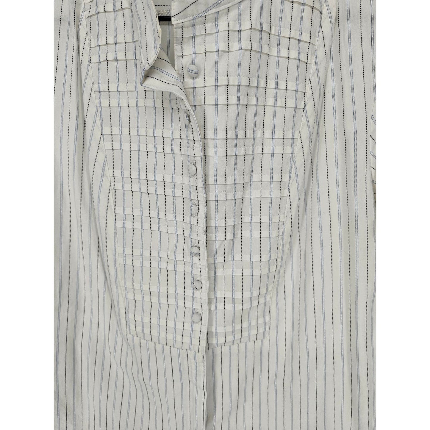 Bandolino Blu Womens Sz M Short Sleeve Button Up Dress Shirt White Pinstripe