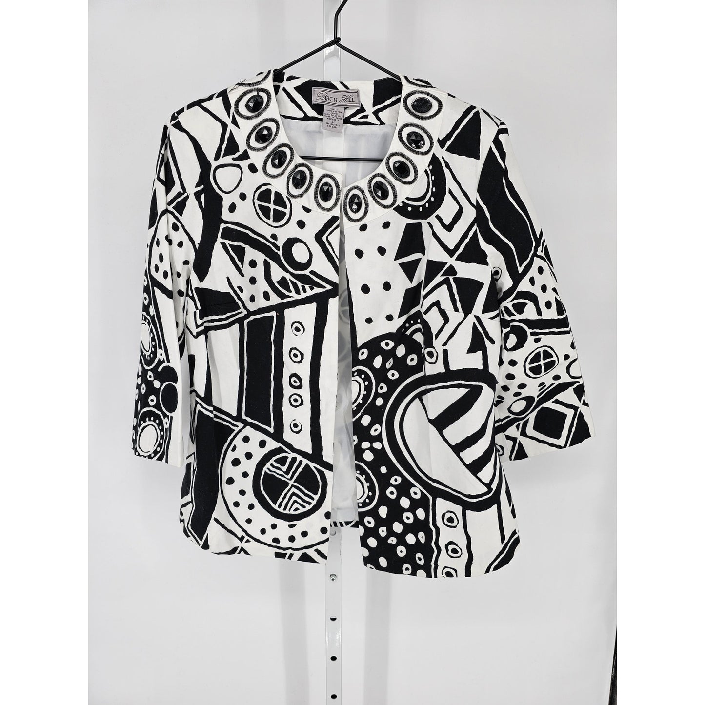 Birch Hill Womens L 100% Cotton 3/4 Sleeve Shrug Cardigan Black White Geometric