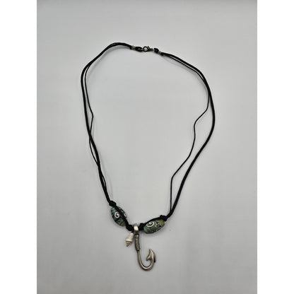 Vintage Y2K Rolled Rope Pendant Necklace Silver Tone Fish Hook Beaded Nautical