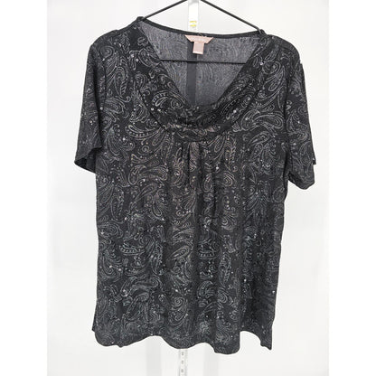 White Stag Womens Sz L Short Sleeve Blouse Black Glitter Paisley Print Formal