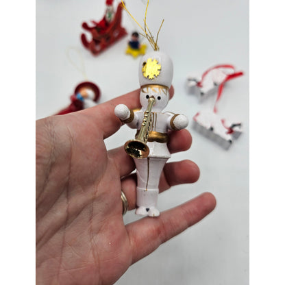 Lot of 5 Vintage Hand Painted Wooden Christas Ornaments Sleigh lamb Soldier