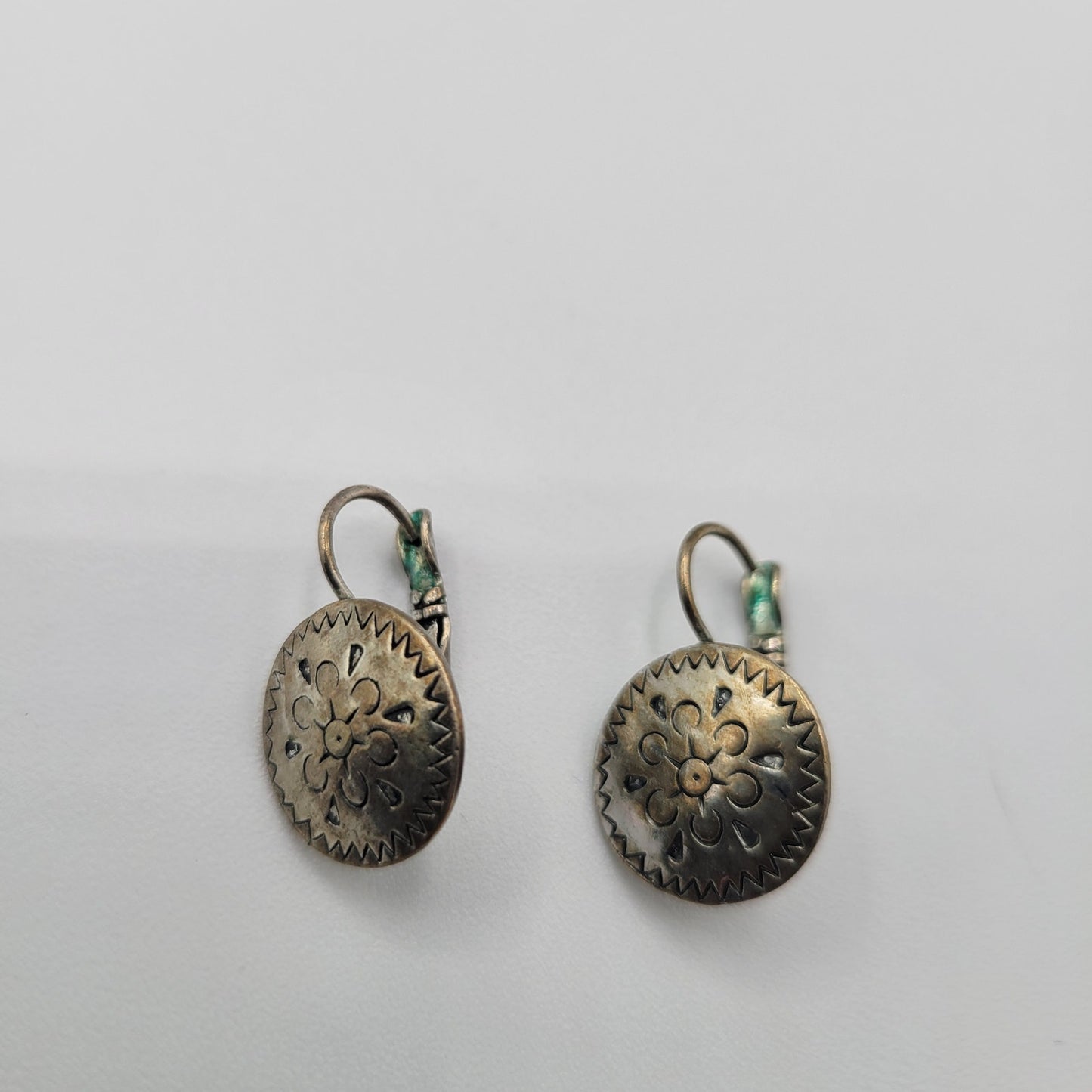 Vintage 1960s Clip On Earrings Silver Tone Disc Front Embossed