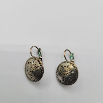 Vintage 1960s Clip On Earrings Silver Tone Disc Front Embossed