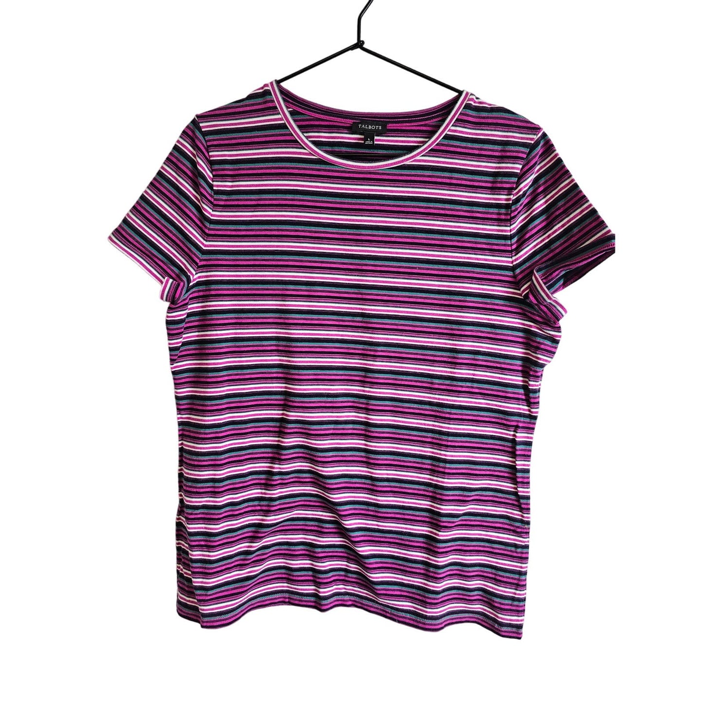 Talbots Womens Sz L Short Sleeve Classic T Shirt Purple Striped Cotton Blend