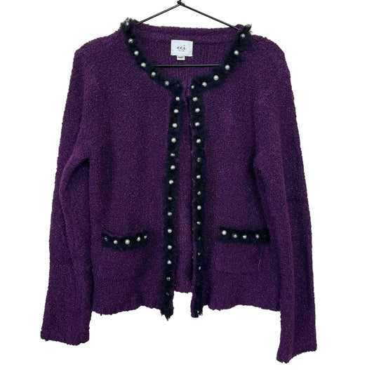 ECI New York Womens Sz L Cardigan Sweater Purple Fuzzy Pearl Detail