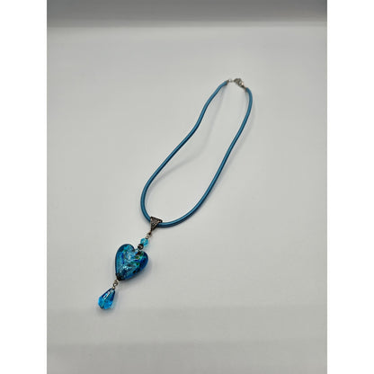 Vintage Y2K Pendant Necklace Blue Glass Heart Rope String