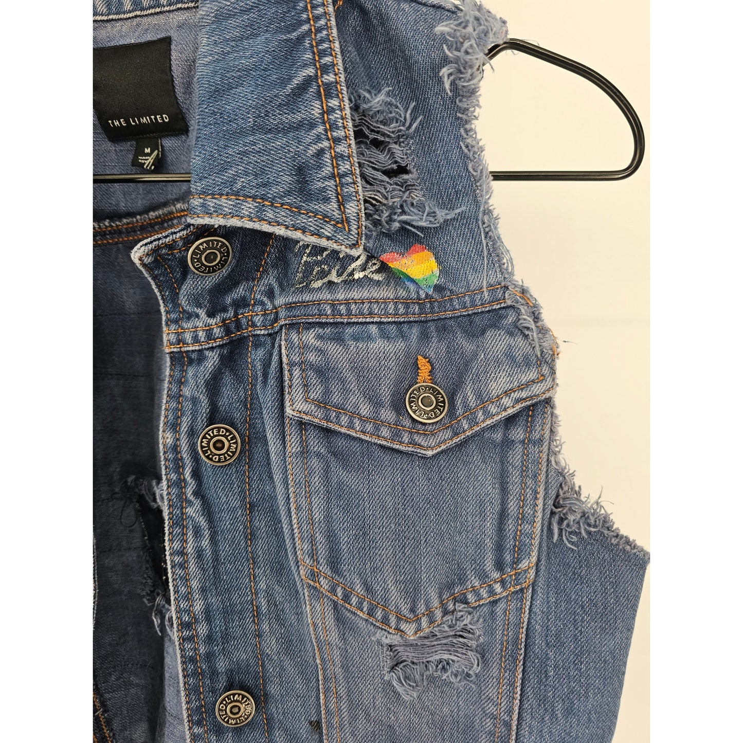 The Limited Womens Sz M Blue Jean Denim Vest Distressed Pride Button Up