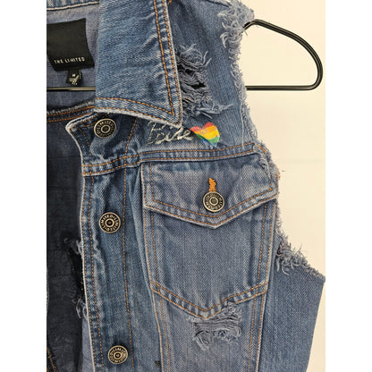 The Limited Womens Sz M Blue Jean Denim Vest Distressed Pride Button Up