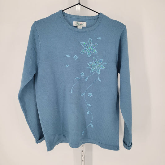 Vintage Haband Womens Sz S Thick Knit Blouse Light Blue Embroidered Floral