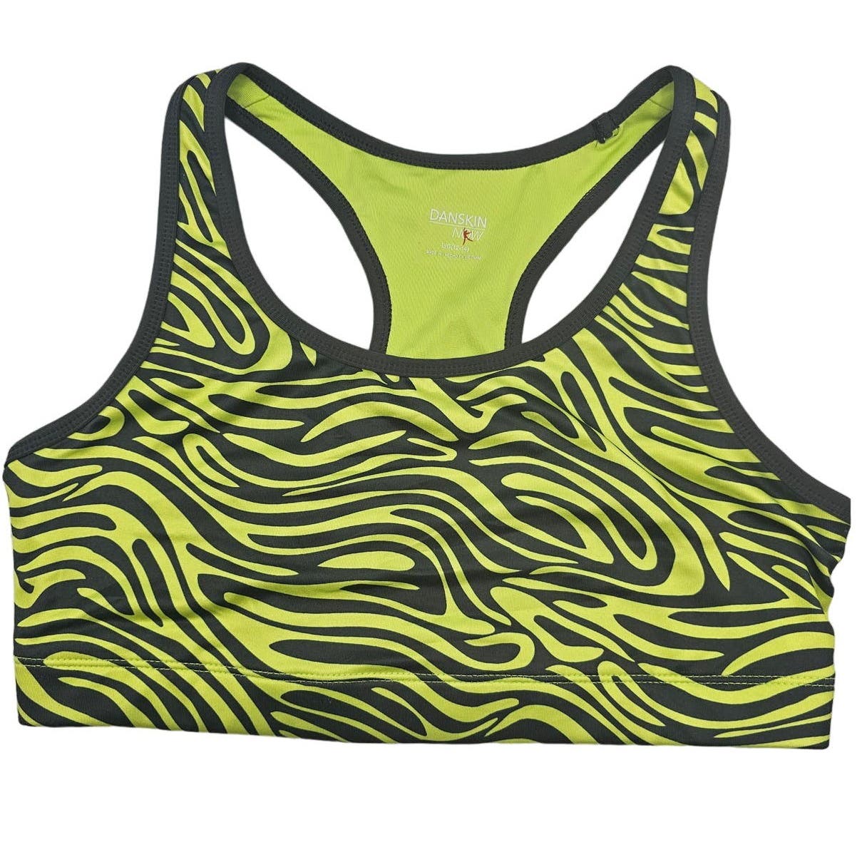 Danskin Now Womens Sz L Racerback Sports Bra Black Bright Green Zebra Print