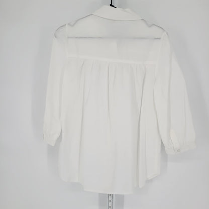 Salon Studio Womens Sz S Button Up Solid White Blouse Smocked Neckline