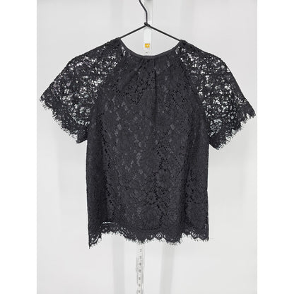 J Crew Womens Sz XXS Short sleeve Lace Overlay Blouse Solid Black