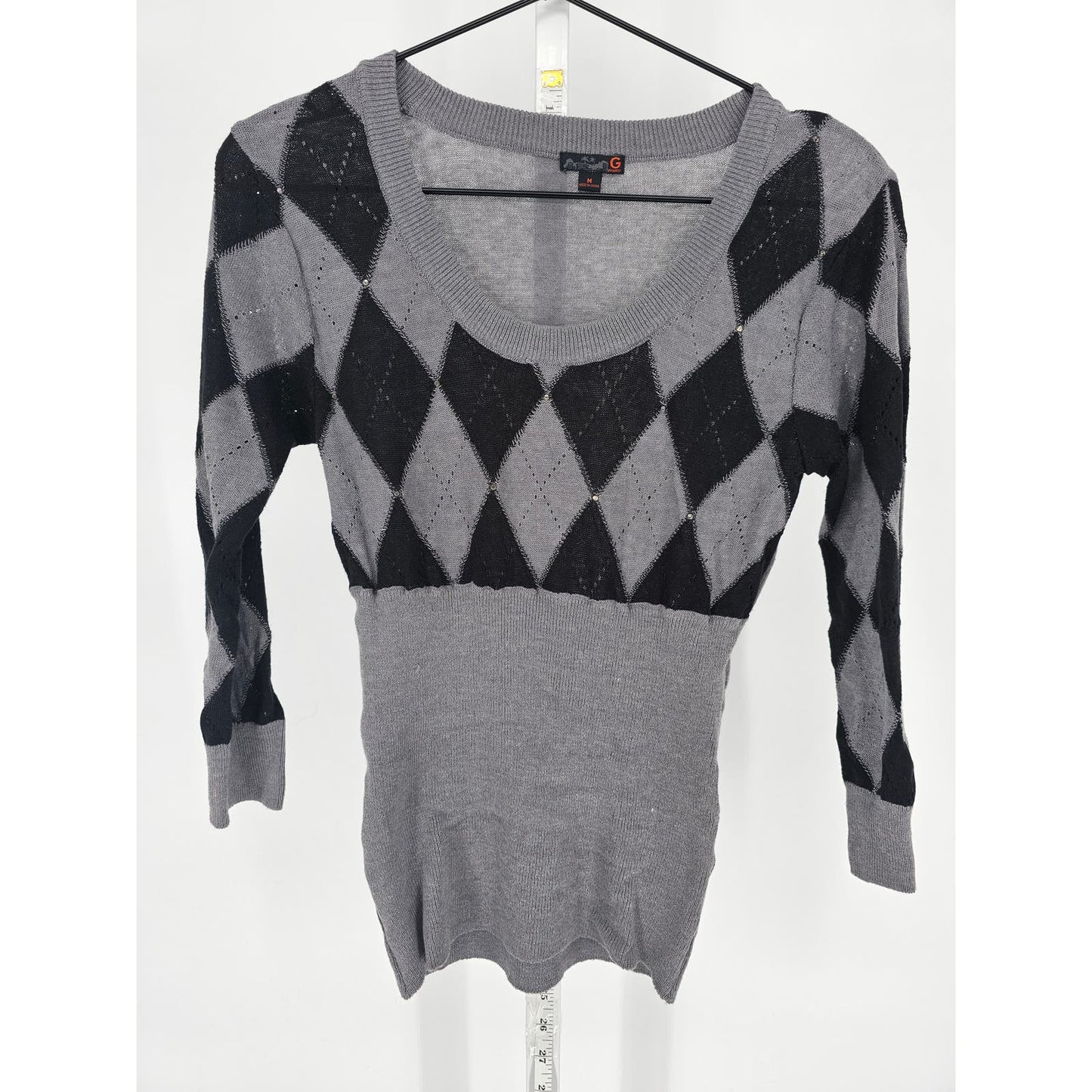 Vintage Y2K G by Guess Womens Sz M Knit 3/4 Sleeve Top Gray Black Argyle Preppy