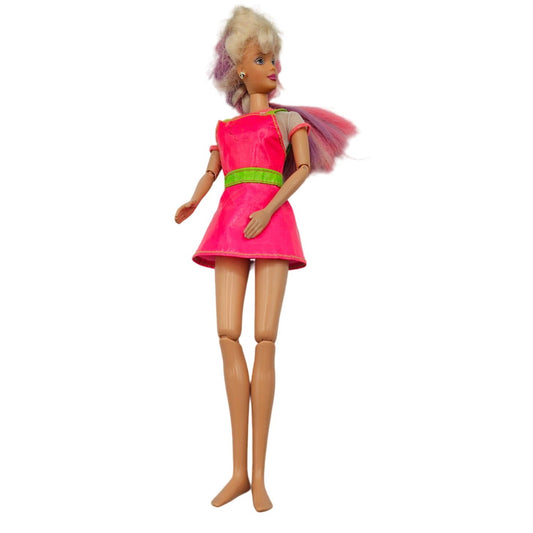 Vintage 1990s Sticker Craze Barbie Doll Bright Pink Dress Blonde Colorful Hair
