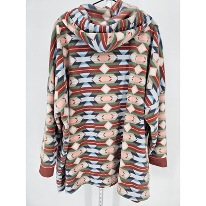 Eddie Bauer Womens Sz L/XL Poncho Fleece Hoodie Aztec Print Blue Red