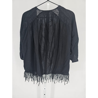 Express Womens Sz XS Short Sleeve Cardigan Shrug Black Fringe Lace