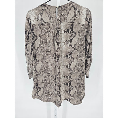 Mango Womens Sz 4 Long Sleeve Tunic blouse Snakeskin Print Studded Shoulders