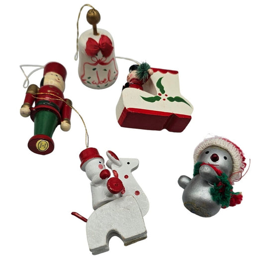 Lot of 5 Vintage Hand Painted Wooden Christas Ornaments Bell Soldier Boot