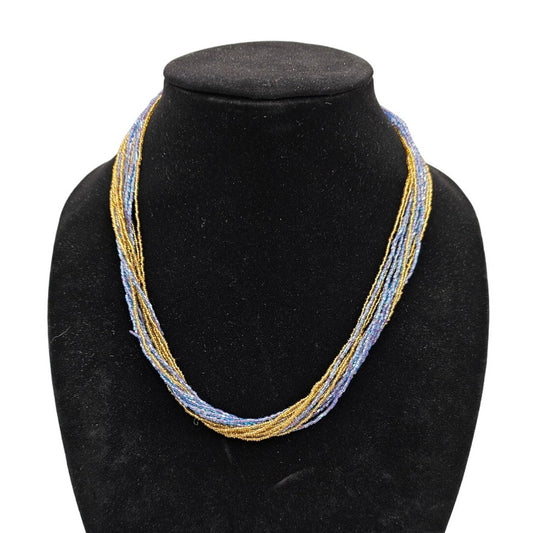 Vintage Multi Strand Seed Bead Necklace Gold and Blue 1980s