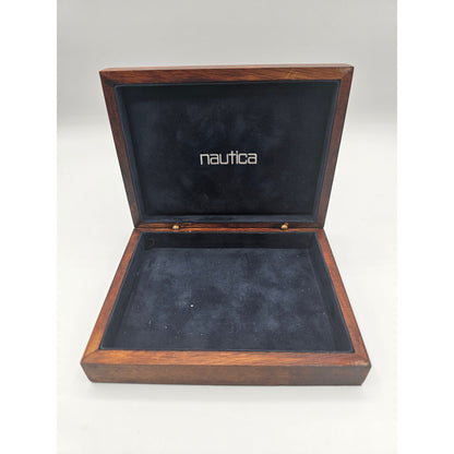 Nautica Mens Brown Wooden Wallet Box Blue Felt Lined