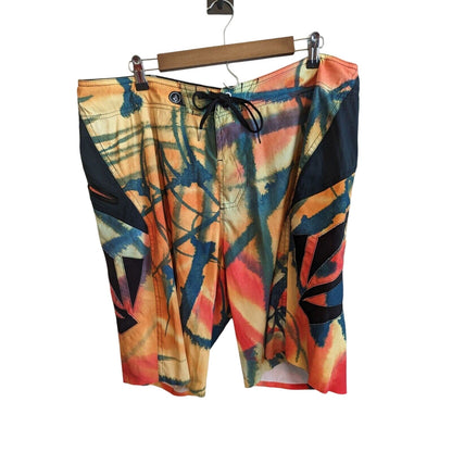 Volcom Cinch Fly 6 way Size 38 Black Blue Orange Stretch Board Shorts